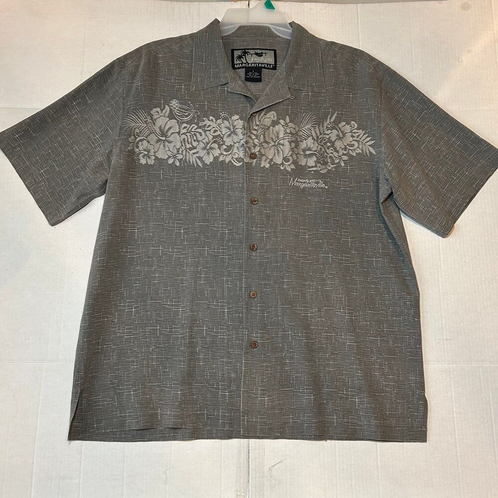 Jimmy Buffet Margaritaville Hawaiian Shirt 100% Silk Gray Floral Men’s Size L